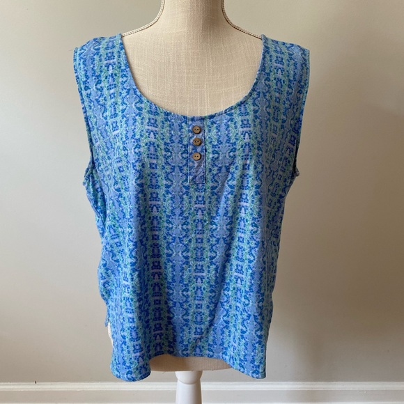 Hester & Orchard Tops - Linen Sleeveless Top Blue and Green Print